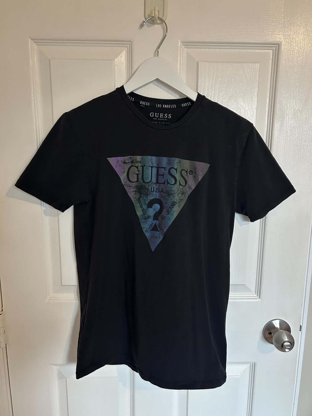 GUESS Black Short-Sleeve Tee with Iridescent Triangle Logo